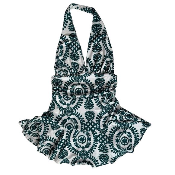 Boho Backless Halter Romper Sz Small White Green Floral Print Ruffle Resort READ - Picture 12 of 16